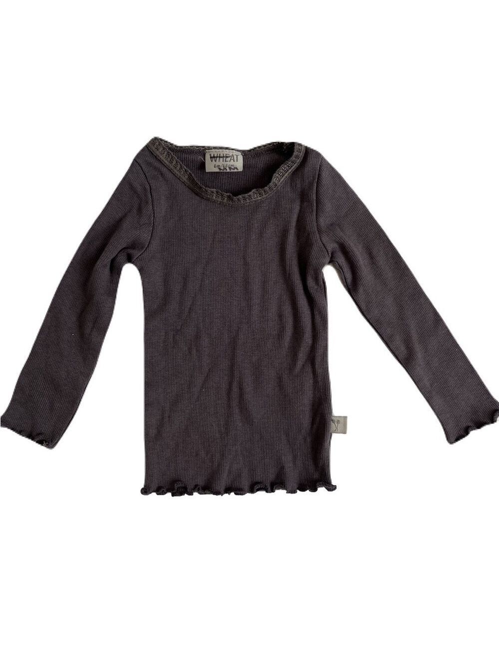 🩵 4/$20 Wheat Gray Long Sleeve Ribbed Tee with Scoop Lace Neck and Ruffled Edge